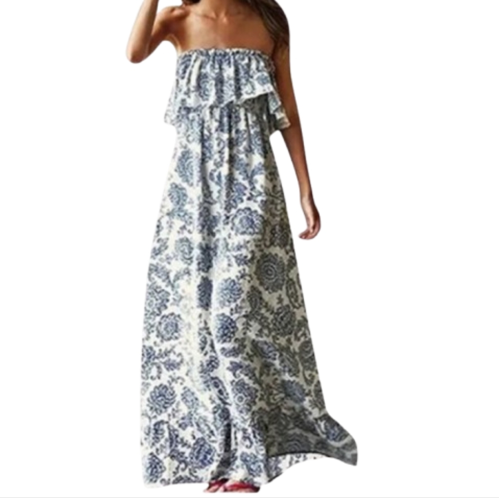 Yidarton Maxi Dress Ruffle Strapless Blue Print Boho Peasant Jr Large